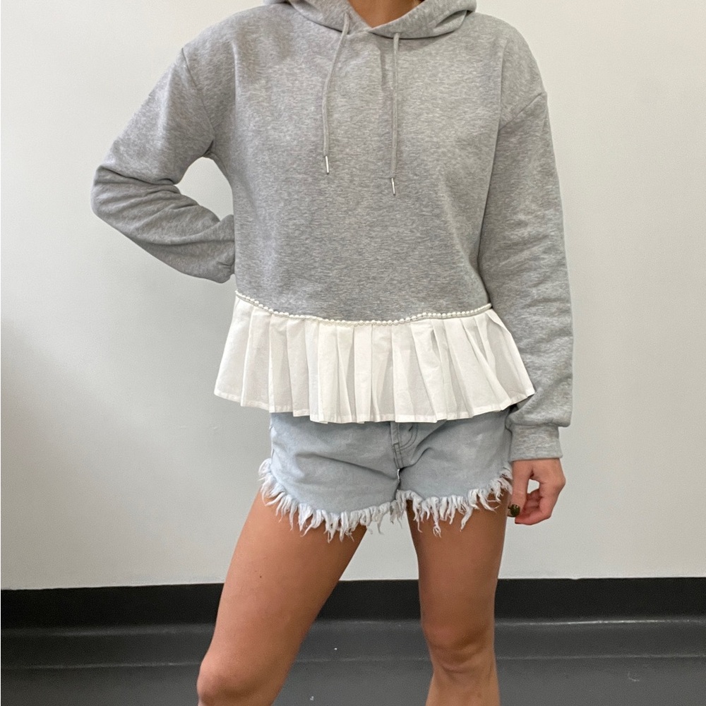 Gray Ruffled Hem w/ pearls Hoodie